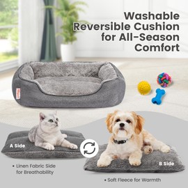 Miguel Faux Linen Dog Bed with Removable Cushion Pillow for Medium Small Dogs, Washable Pet Bed with Side Easy to Wash Puppy Bed, Rectangle Cat Bed for Indoor Cat with Anti-Slip Bottom, Gray 30 Inch