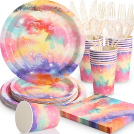 Gudvilla 168 Pcs Rainbow Birthday Decorations for Girls, Rainbow Plates and Napkins Party Supplies Serves 24, Rainbow Paper Plates, Birthday Plates, Pastel Plates for Kids Girl Birthday Decorations