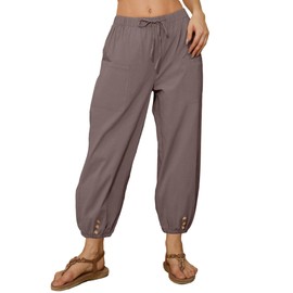 Women Capri Pants Casual Drawstring Elastic High Waist Baggy Wide Leg Cropped Pants Trousers for Ladies Summer（S-3XL） Darkpurple