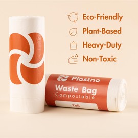 Plastno 13-Gallon Trash Bags, Compostable and Heavy-Duty Drawstring Handles for Tall Kitchen Trash Bins, Unscented, 30 Bags