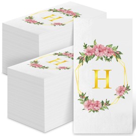 200 Gold Floral Monogrammed Disposable Napkins - Initial Letter B Paper Guest Hand Towels, Flower Monogram Dinner Napkins for Bathroom Wedding Birthday Party Baby Shower Tableware Decorative