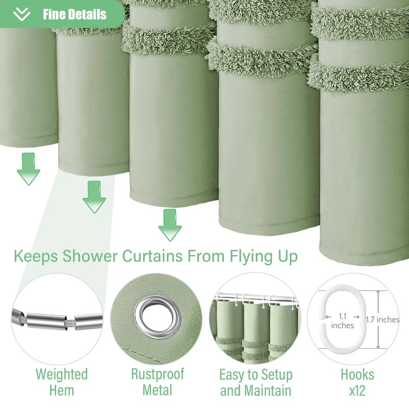 Dynamene Sage Green Fabric Shower Curtain, Tufted Chenille Striped Textured