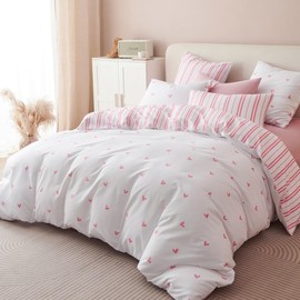 Sacebeleu Double Duvet Cover Set Heart for Kids Girls,White Pink Heart Pattern Bedding Cute Comforter Cover 200x200 cm with Zipper Closure and 2 Pillowcases 50x75 cm