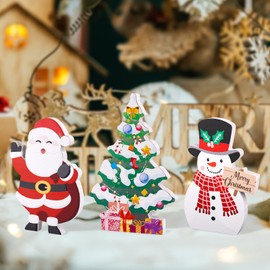 Gosknor 3 Pcs Christmas Tray Decorations, Wooden Christmas Table Decor Santa Claus Christmas Tree Snowman Christmas Tabletop Decorations for Xmas Party Home Office Shelf Decor