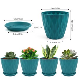 Outigu 6 Inch Indoor Pots for Plants, 5 Pack with Drainage Holes & Tray Saucers, Multi-Color Plastic Planters, Small Pots for Indoor Plants (Blue)