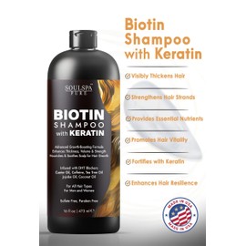 SOULSPA PURE Biotin Shampoo with Keratin - Advanced Anti-Thinning, Hair Growth & Repair Formula - Soothes Scalp, with Tea Tree Oil & DHT Blockers - Strong, Healthy Hair for Men & Women - 16 fl oz