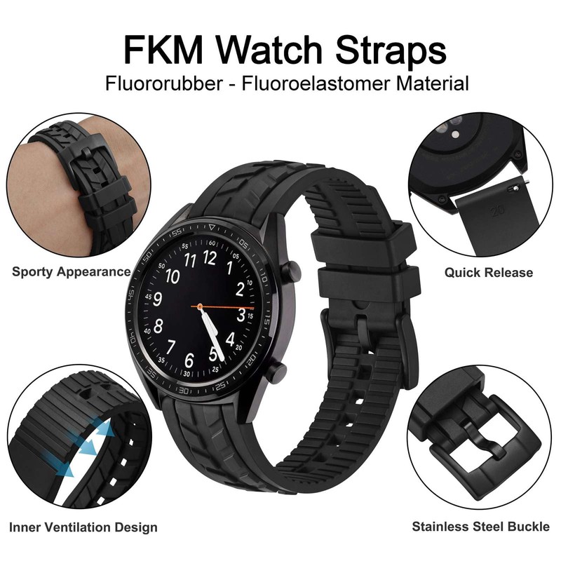 WOCCI 22mm Watch Strap, FKM Rubber Band, Quick Release, Black