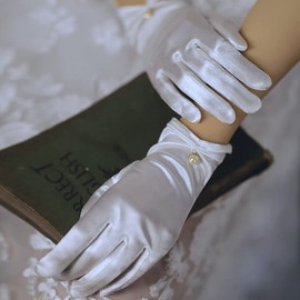 Casdre Bride Wedding Gloves Short Satin Bridal Gloves Pearl Evening Party Wrist Length Gloves for Women and Girls (A White)