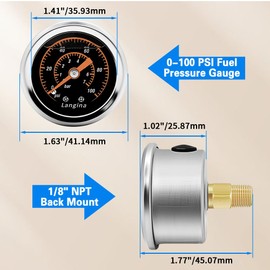 Langina 0-100Psi Fuel Pressure Gauge kit, 1/8" NPT Inline Fuel Gauge, Back Mount, Glycerin Filled 100psi Pressure Gauge with Dual use 5/16" Barb(8mm) to 3/8"(10mm) Barb Hose Fitting(304SS)