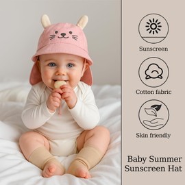 AYNKH Plain Fine Fabric Tongue Cap Sun Hat with Neck and Ear Protection, UV Protection (UPF 50+), Unisex Cap for Infants and Toddlers, 38-46 cm Head Circumference (Habbit), Pink