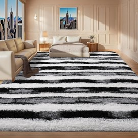 Woottpe 4x6 Feet Area Rugs for Living Room Bedroom,Black and White Machine Washable Soft Fluffy Shaggy Indoor Rug, Floor Carpet for Girls Boys Kids, Dorms, Nursery Rooms, Home Decor Aesthetic