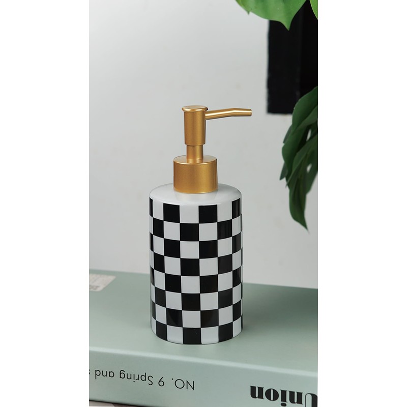 Checkered Ceramic Soap Dispenser White and Black,Liquid Lotion Dish Hand