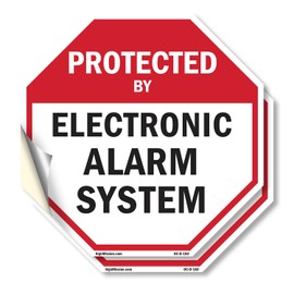 Protected By Electronic Alarm System (2 Pack) 4 inch X 4 inch Octagon Vinyl Label Decal Sticker Weather Resistant, UV Protected for Workplace, Private Property, and Construction Site, Made in the USA