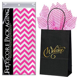 Flexicore Packaging Black Kraft Paper Welcome Bags & Hot Pink Gift Wrap Tissue Paper | Size: 5.25 Inch X 3.25 Inch X 8.25 Inch | Count: 5 Bags | Color: Hot Pink Chevron