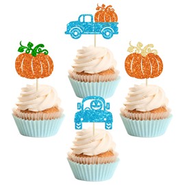 24 piezas de decoración de calabaza, camión de cosecha con purpurina, decoración de tartas, decoración para cosecha, día de Acción de Gracias, boda, cumpleaños, fiesta, suministros azul