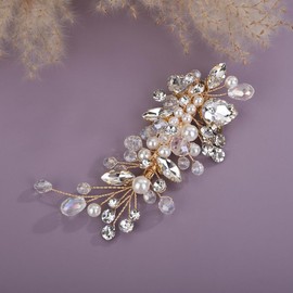 Teyglen Bridal Rhinestone Hair Clip Gold Pearl Crystal Hair Barrette Sparkly Hair Piece Wedding Hair Clips Hair Accessories Jewelry for Women (Gold)