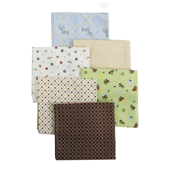 Danica Baby Cotton Flannel Receiving Blankets, 6-Pack 30'' x 38'' (Brown003, Blue Elephant Polka Dot Brown Circle Green Monkey Sports)