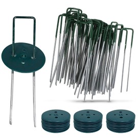 50 Pack 6" Inch Landscape Staples with Gasket Washer Caps - Metal Garden Stakes Landscape Fabric Staples for Gardening, Landscaping, Sod Fence Yard Lawn Ground Weed Mat Barrier Pins (50, Half Green)