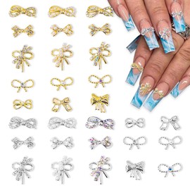 DANNEASY 30pcs 3D Bow Nail Rhinestones Charms Gold and Silver Bowknot Charms for Nails Bling Nail Bows Nail Gems Crystal Alloy Nail Studs Jewelry Nail Decoration for Nails Crafts Nail Supplies