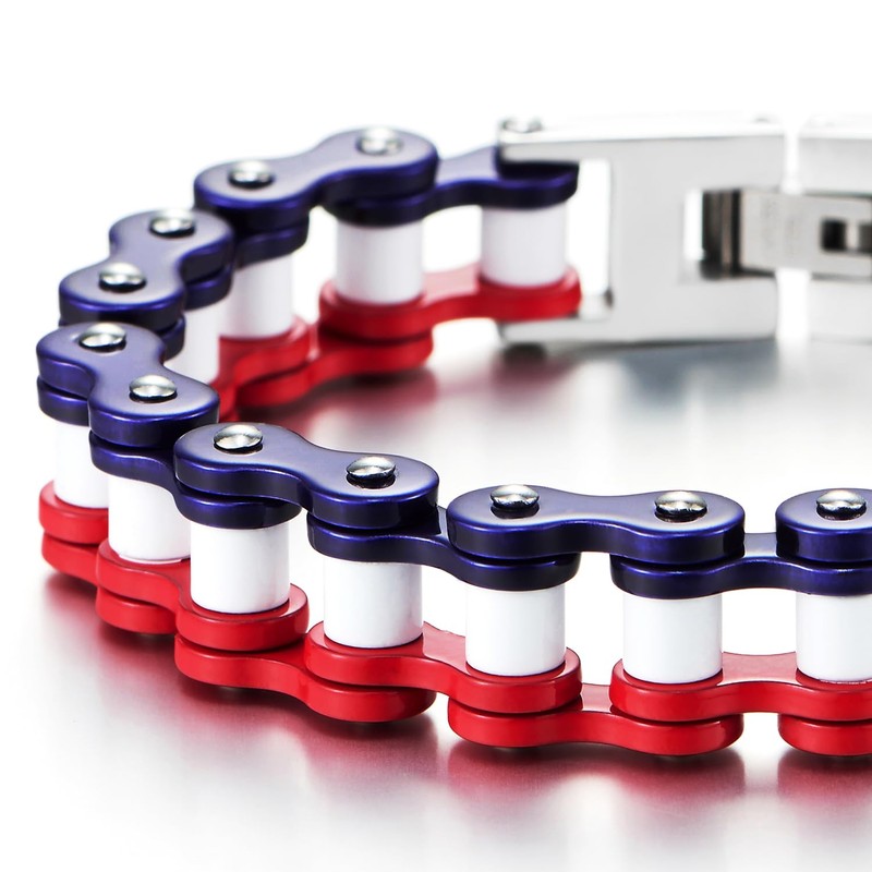 COOLSTEELANDBEYOND Men’s Stainless Steel Bike Chain Bracelet Red White and