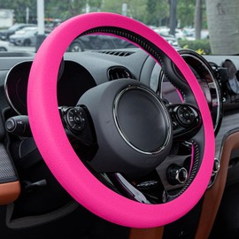 Spurtar Hot Pink Car Steering Wheel Cover Women, Hot Pink Car Accessories Cute Soft Silicone Leather Texture Steering Wheel Protector, Fit Most Autos
