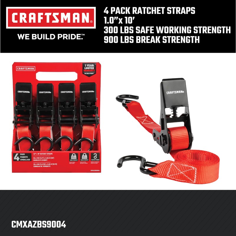 CRAFTSMAN CMXAZBS9004 Black/Red 1" x 10' Ratchet Tie Down Straps