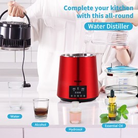 VEVOR 1.1Gal Water Distiller, 0.3Gal/H, Distilled Water Maker Machine 750W 0-99H Timing Dual Temp Display, 304 Stainless Steel Countertop Distiller Glass Carafe Cleaning Powder 3 Carbon Packs, Red