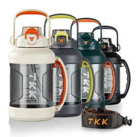 TKK Half Gallon Water Jug Sport Bottle with Straw 2 in 1 Lid Dishwasher Safe BPA Free Leakproof Large Capacity Tritan Plastic Bottle 1/2 Gallon 64oz Water Bottle for Gym Travel Camping Outdoor, White