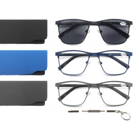 OLOMEE Reading Glasses Men +3.50 Blue Light Blocking Square Magnifying Readers Blue Ray Cheaters Glasses Metal Frames 3 Pack