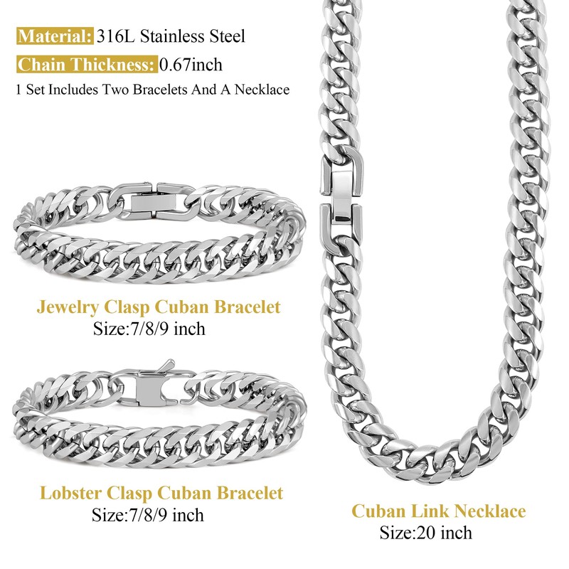 Aospkle 3PCS Cuban Link Bracelet Necklace, Sturdy 316L Stainless Steel