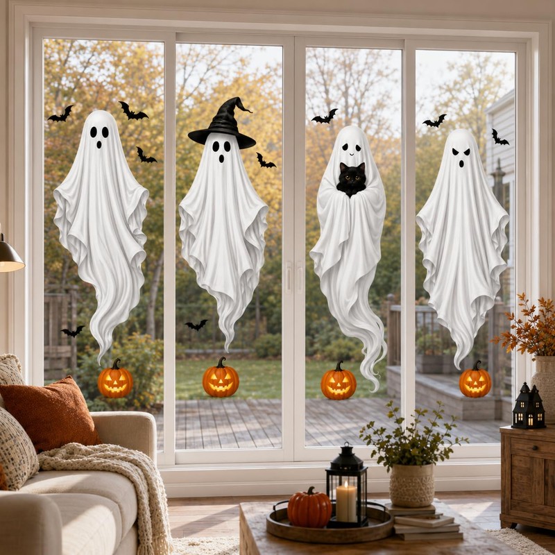Extra Large Halloween Window Clings, Ghost Witch Hat Pumpkin Decals