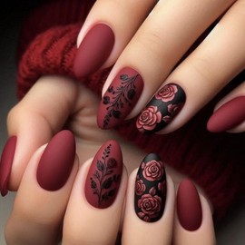 24Pcs Wine Red Press on Nails Almond-Shaped Fake Nails with Rose Flower Design,Valentine’s Day False Nails Gel Glue on Nails,Medium Acrylic Nails Kit Cute False Nails Stick on Nails for Women Girls