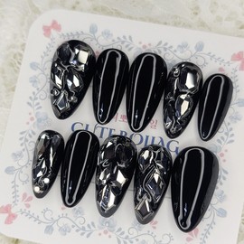 All black full stone handmade nail tips - Almond S / 올블랙 풀스톤 수제네일팁 - 아몬드S