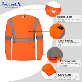 ProtectX High Visibility Shirts Hi Vis Long Sleeve Shirts for Men Women Reflective Class 2 Safety Shirts 2 Pack, Orange Long Solid, X-Large