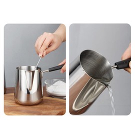 Elvaesther Milk Warmer Pot, Stainless Steel Milk Warmer Pot, Milk Pan with Scale Chocolate Butter Melting Pot Milk Frothing Pitcher with Lengthened Heat-insulated Handle 600ml