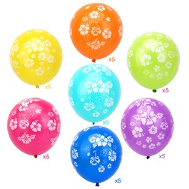 HOWAF 35 Pcs Hawaiian Balloons Hibiscus Flower Printed Latex Balloons Multicoloured Hawaiian Theme Tropical Party Decorations for Luau Tiki Aloha Beach Summer Birthday Party Decoration Supplies