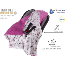 Medi Partners Swaddling Blanket 100% Cotton 85x85cm Double-Sided Multifunctional Plush Blanket With a hood for Pushchairs Soft Fluffy (Teddybär with dark pink Plush)