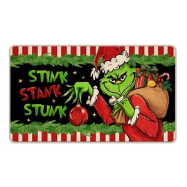 Pycat Christmas Stink Stank Stunk Decorative Front Door Mat, Green Xmas Gifts Red White Stripe Doormat Indoor Outdoor Non-Slip Floor Entryway Rug, Funny Holiday Home Kitchen Decoration 17x29 Inch