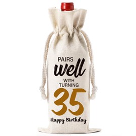 Funny Birthday Wine Bag Gifts - 35th Birthday Gift Ideas, Pairs Well with Celebrating 35 Drawstring Burlap Wine Bottle Bag for Women, Men, Friends, Colleagues, Neighbors, Loved Ones, Wife, Husband