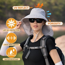 29 IYEBRAO Womens Sun Hat with Neck Flap and Ponytail Hole Wide Brim UPF 50+ Bucket Hat Beach Fishing Hiking Safari（Light Grey）
