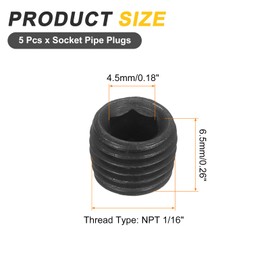 uxcell 5Pcs Male Thread Socket Pipe Plugs, NPT 1/16" Carbon Steel Internal Hex Thread Pipe Caps for Pipe Fitting and Sealing, Black