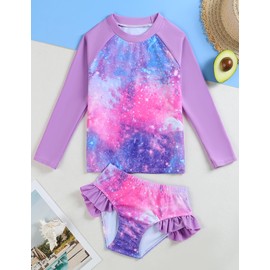 Little Girls Swimsuit Rash Guard Set Toddler Girl Long Sleeve Two Piece Bathing Suit with Ruffle Bikini Bottoms Swimwear Purple