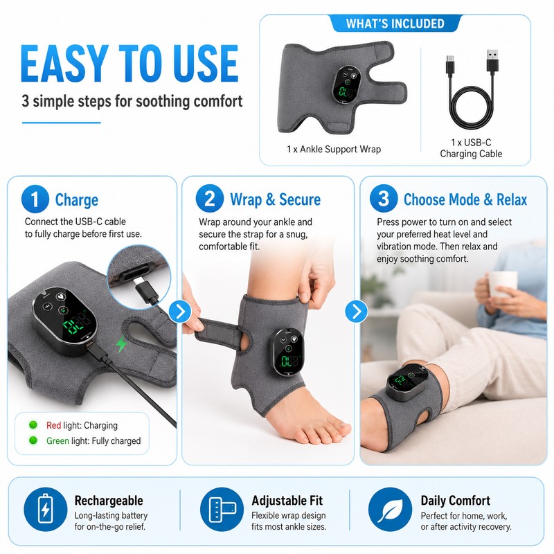 Rechargeable Heated Ankle & Wrist Wrap with Vibration Massage –