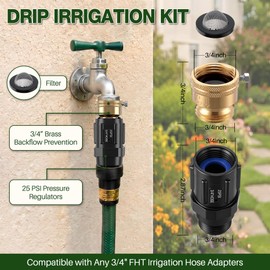 Gulfmew 2 Set 25 PSI Drip Irrigation Faucet Adapter Kit, 3/4" FHT × 3/4" MHT Pressure Regulator and 3/4 Inch GHT Anti-Siphon Backflow Preventer, Connects to Hose Bib and Drip Irrigation System