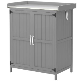Gray Wooden Potting Bench with 2 Doors Outdoor Storage Cabinet and Garden Tool Shed Featuring Metal Tabletop and ShelfColor: Gray Color