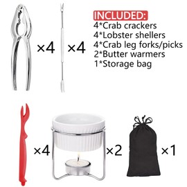 Crab Crackers and Tools set of 4, 14 PCS Lobster Crackers and Picks Set with 4 Crab Leg Crackers, 4 Crab Forks, 4 Lobster Shellers, 2 Butter Warmers
