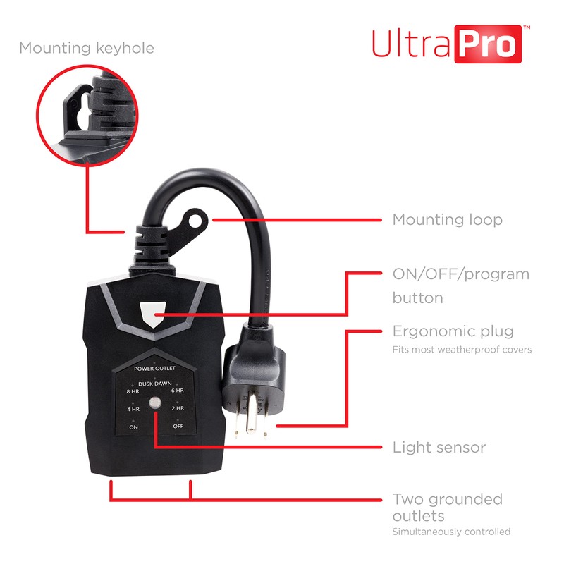 UltraPro Outdoor Outlet, Dusk-to-Dawn Sensor, Dual Outlet, 8/6/4/2hr Countdown, Weather-Resistant,