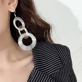 Yienate Long 70S Disco Statement Earrings Vintage Silver Multi-layer Hoop Drop Hook Earrings Lightweight Geometric Large Round Disc Dangle Earrings Wedding Prom Earrings Jewelry for Women and Girls