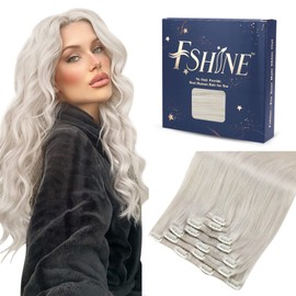 Fshine 120 g Clip-In Real Hair Extensions, White Blonde, 35 cm, Full Head Hair Extensions, Real Hair Clips, Straight Hair, Double Weft Hair Extensions, Real Hair Clip, 7 Pieces