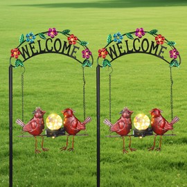 JJALIGHTS 2 Pack Outdoor Solar Lights,Red Cardinal Swing Garden Decor,Red Cardinal Decorative Stake with Welcome Sign for Landscape Patio Yard Porch